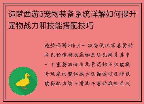 造梦西游3宠物装备系统详解如何提升宠物战力和技能搭配技巧